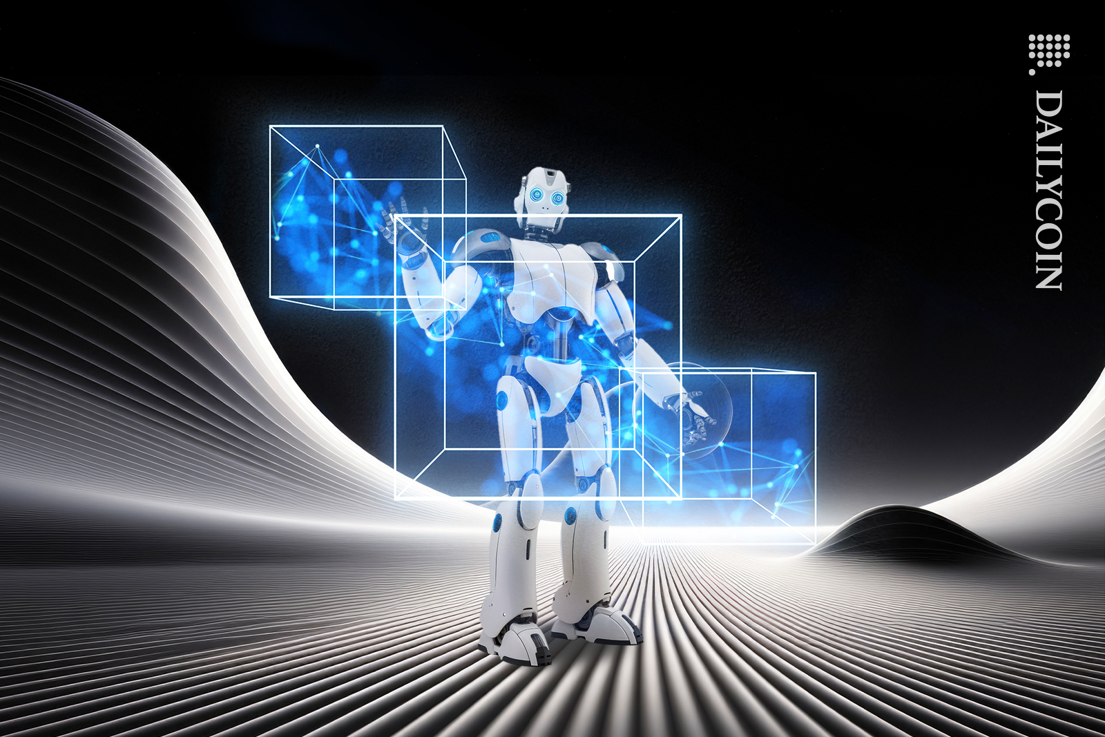 Robot working on a blockchain block technology.