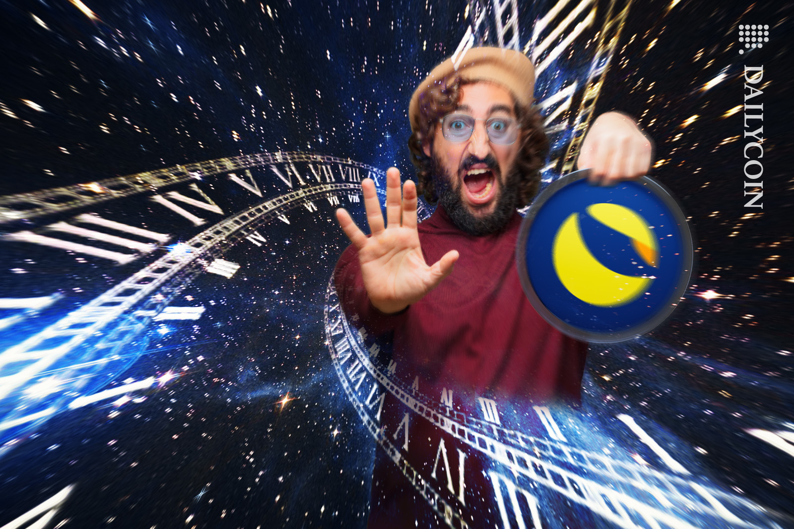 Man being pulled back in time saying stop whilst holding LUNC token.