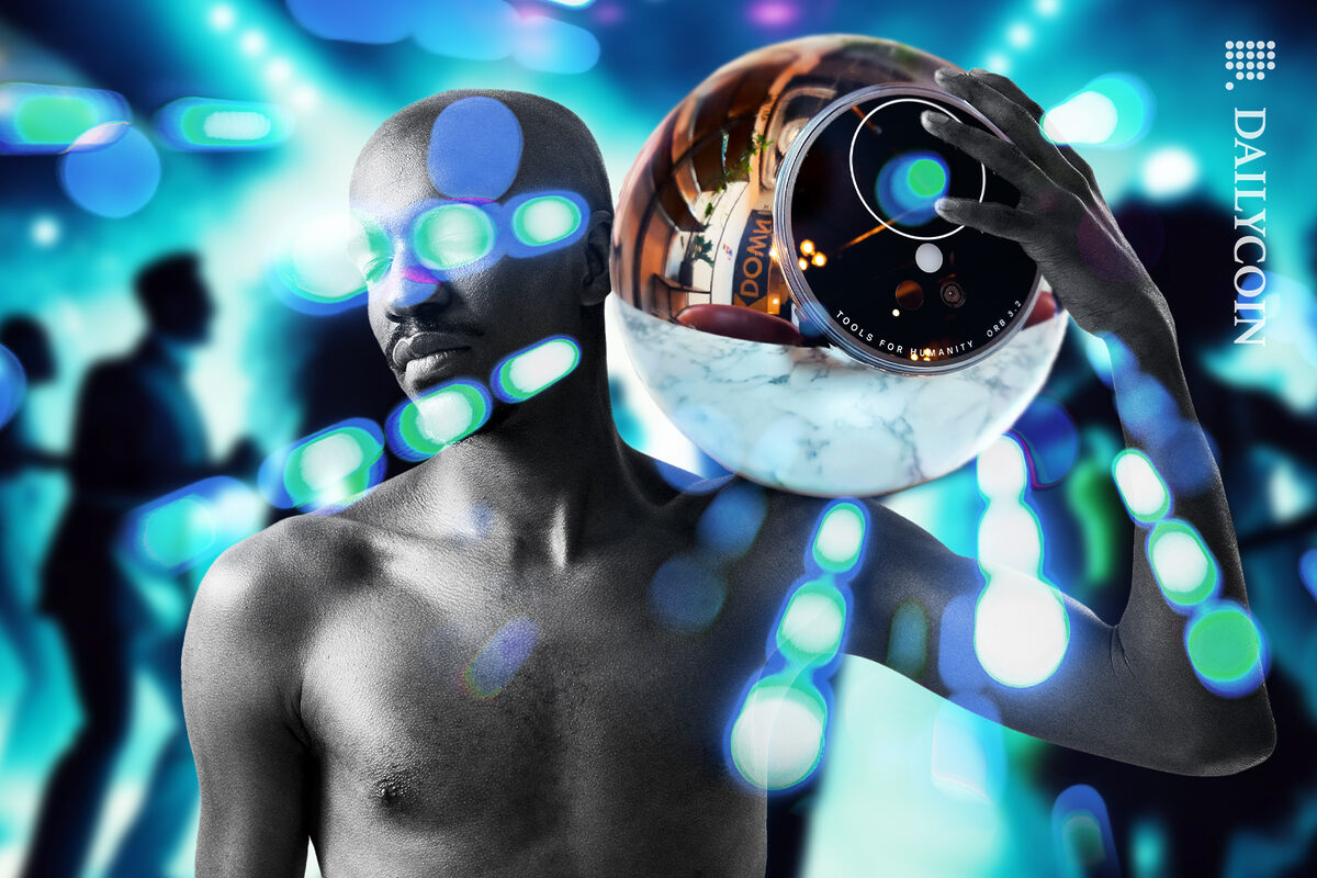 Worldcoin Orb acting as a disco ball at a party.