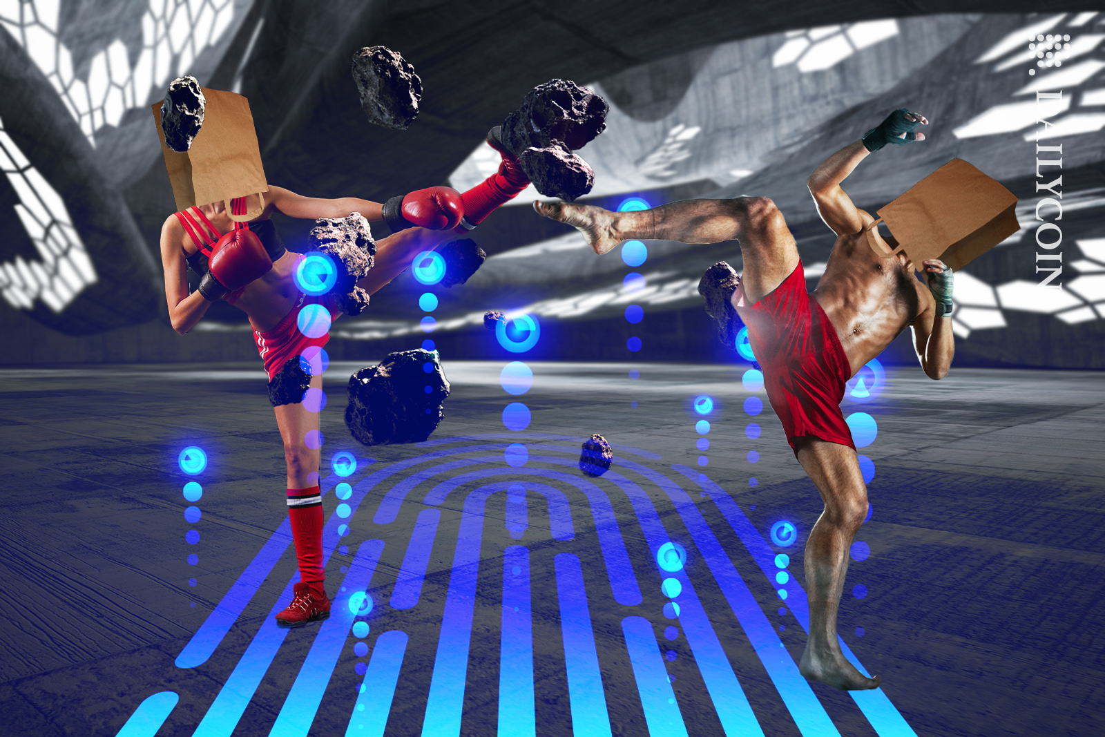 Two people with paper pags on heads, kicking rocks at eachother on a KYC scan.