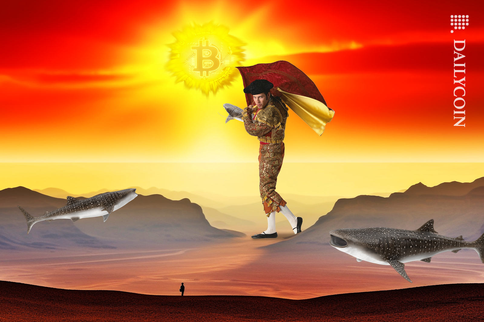 Crypto whale sharks approaching the bitcoin sun as the bullfighter is tempting them with the red cloth.