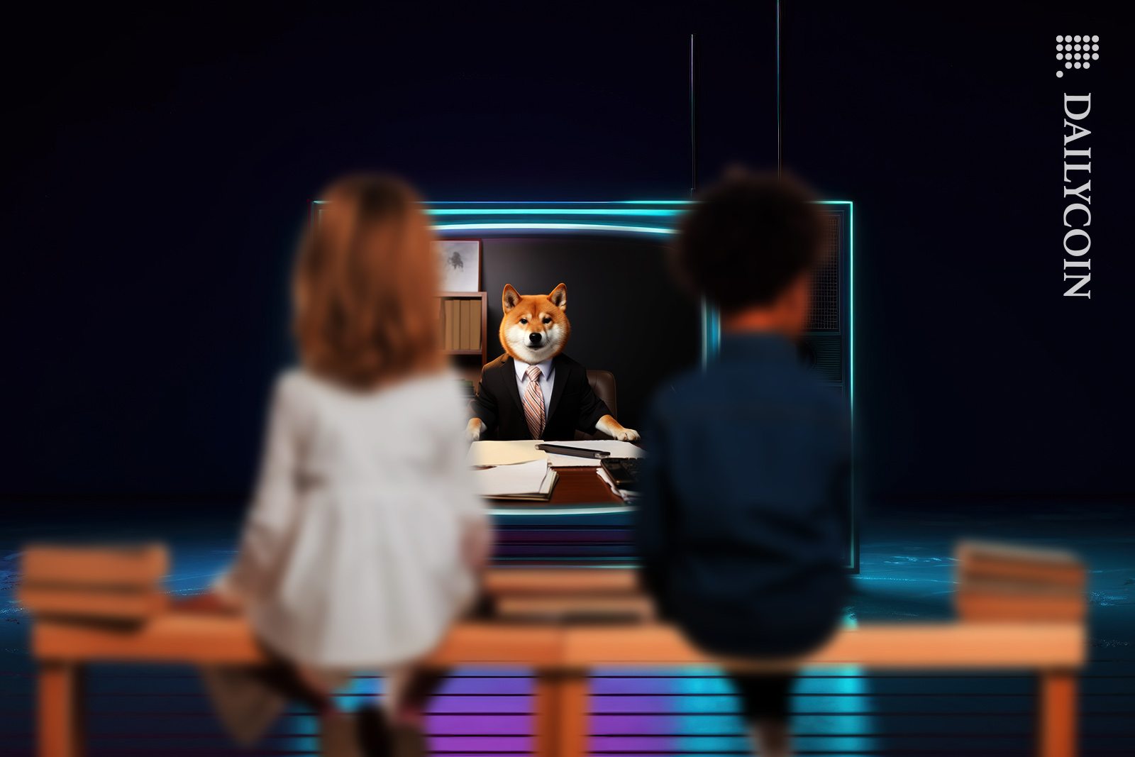 Kids watching shiba inu on television.