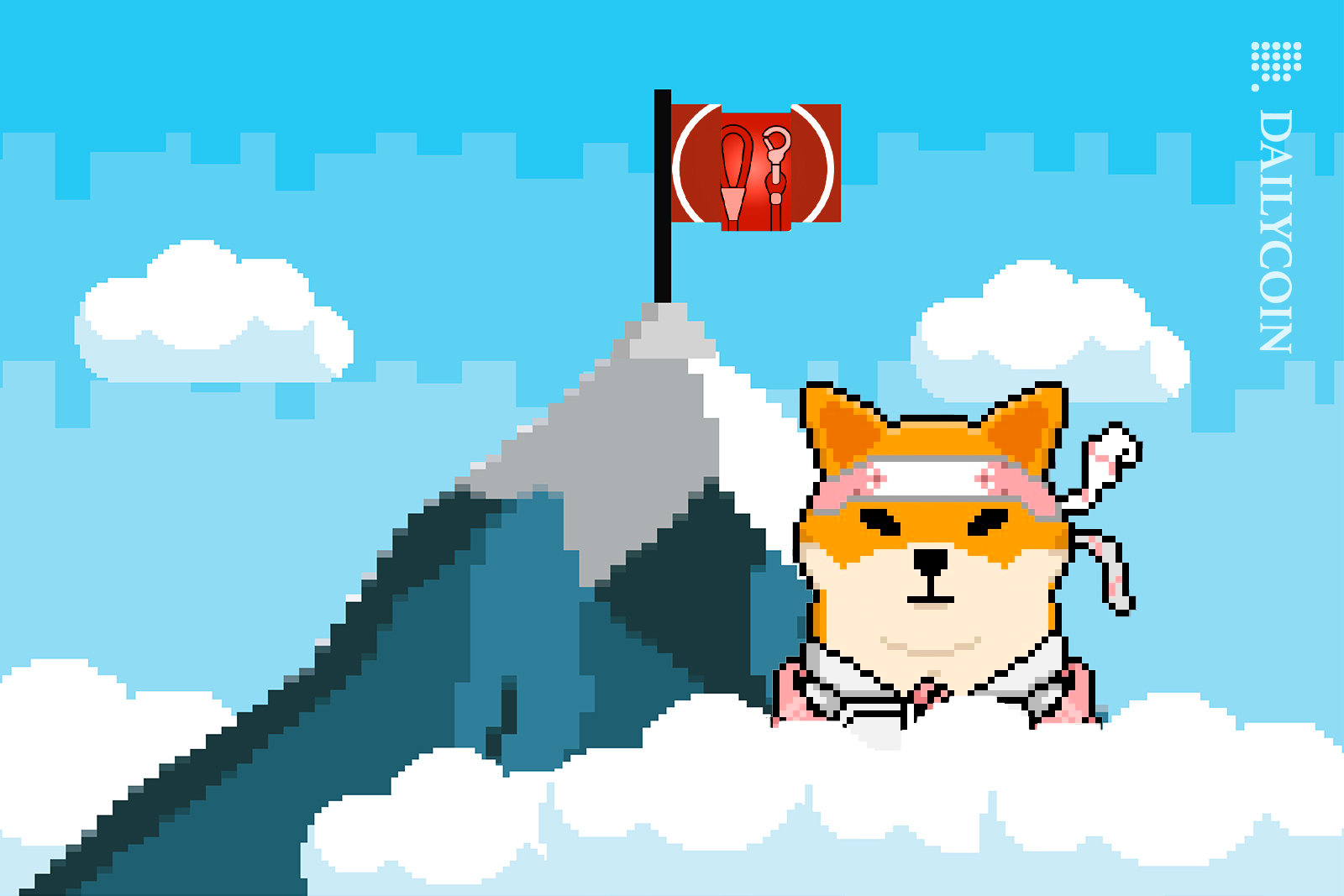 SHIboshi NFT on the top of a mountain top, next to a flag with Shiba inus LEASH.