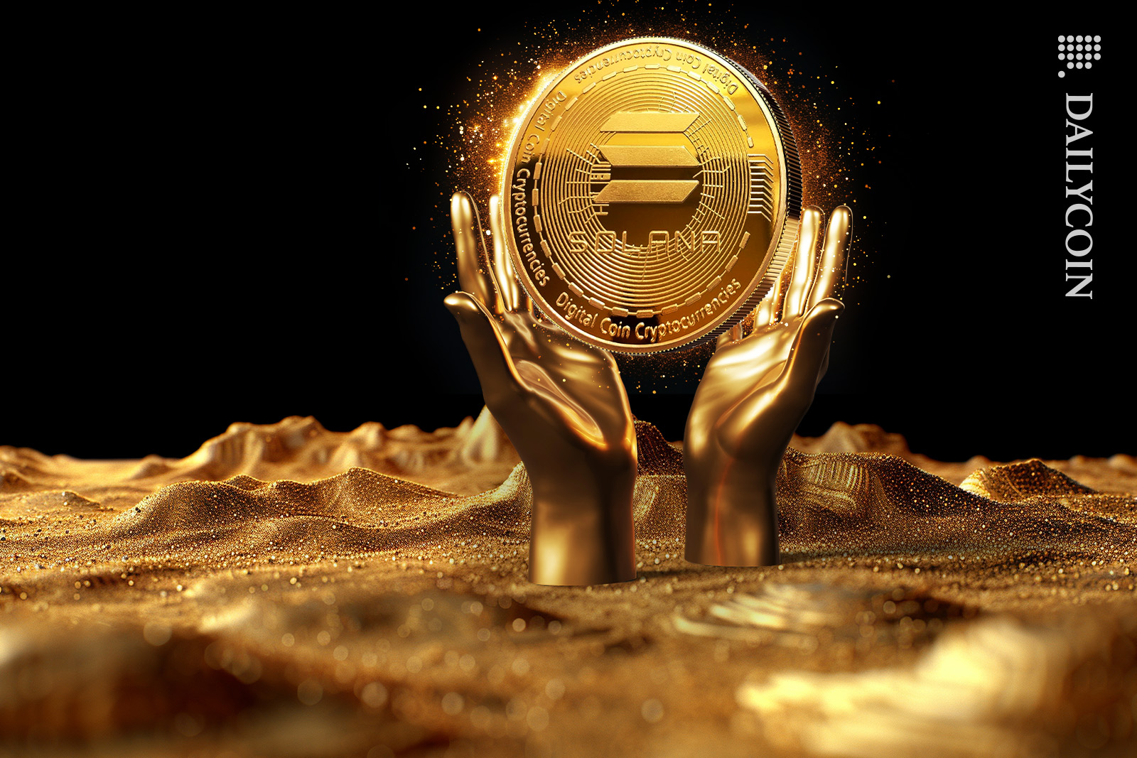 Gold hands releasing gold Solana coin.