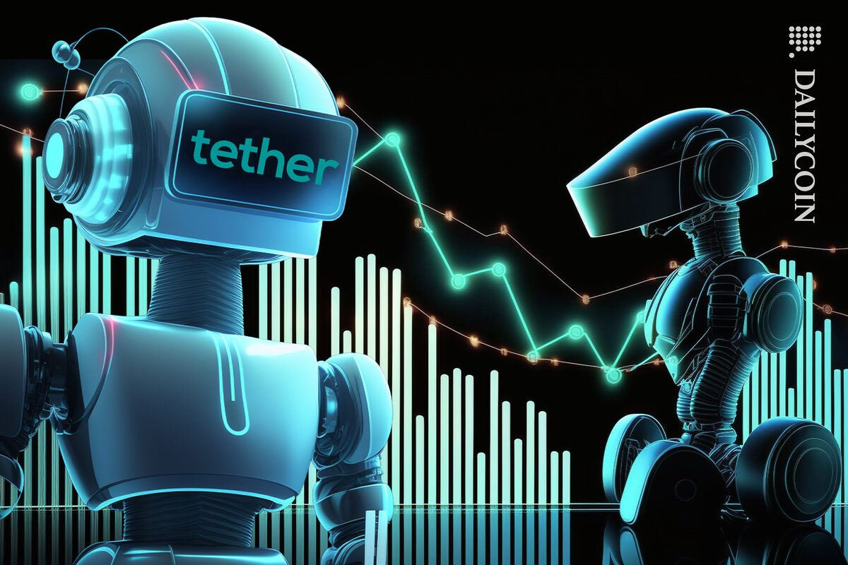 Two robots analysing Tether progress.