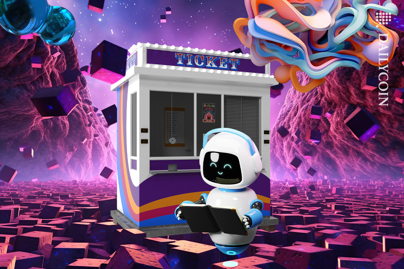 Little robot figuring out how to use the new NFT ticket machine.