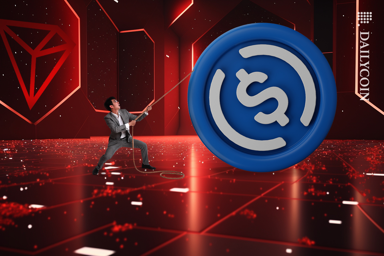 Guy pulling a massive Circle USD coin from Tron premisses.