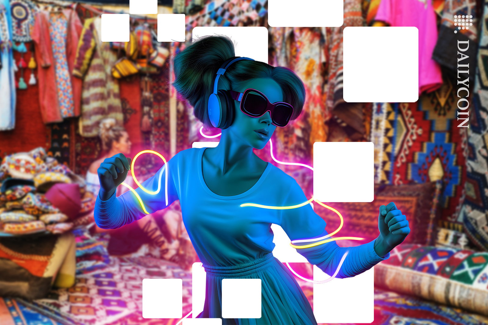 OKX girl dancing in market in Turkey.