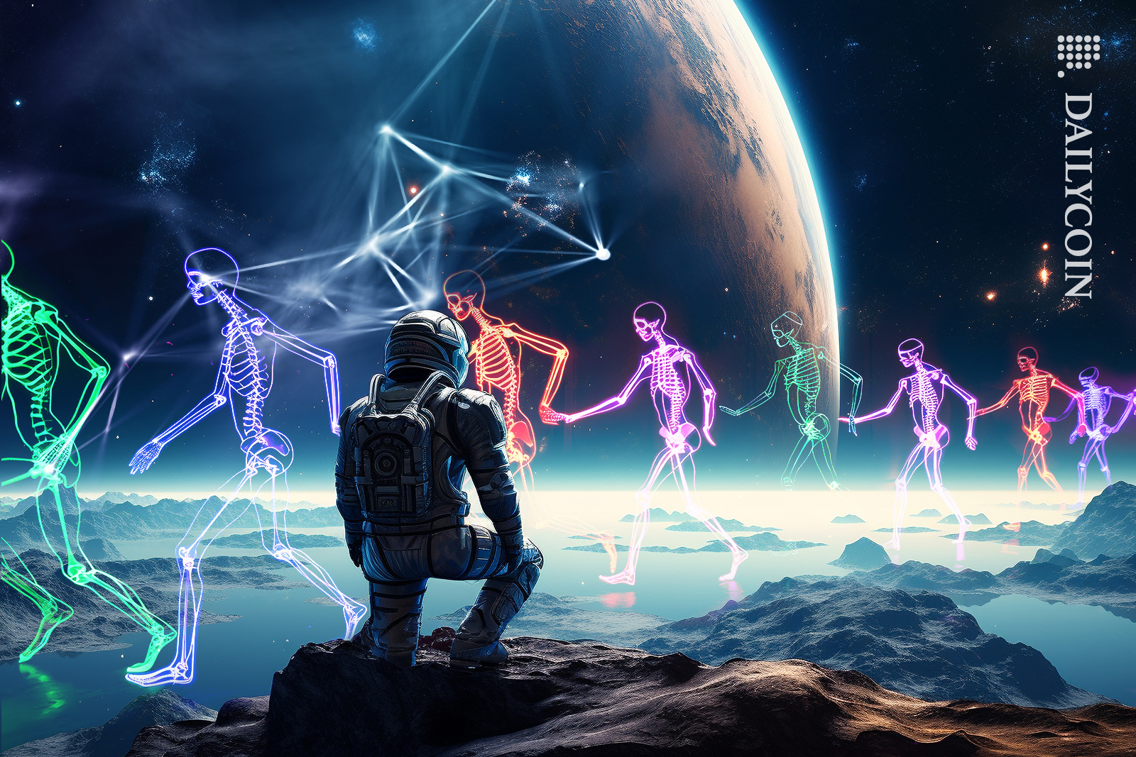 Spaceman on the moon watching digital skeleton traders walk across the water.