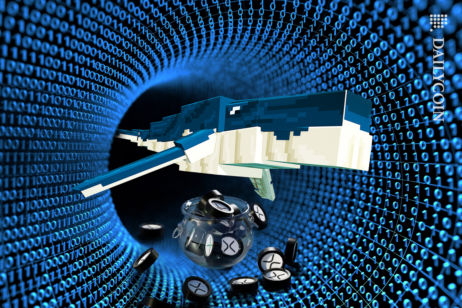 Coinbase whale swimming through a digital tunel dropping down some XRP coins.