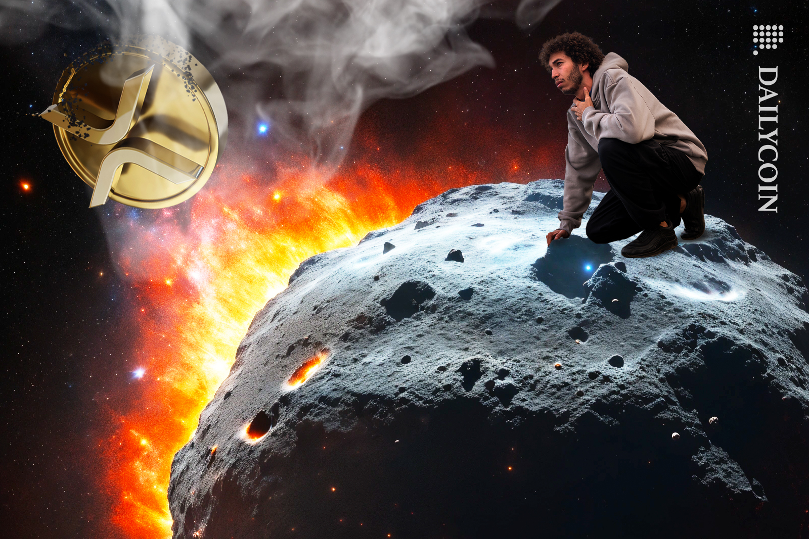 Guy's dreams of XRP coin is disappearing, and he is heartbroken standing on a Black Rock.