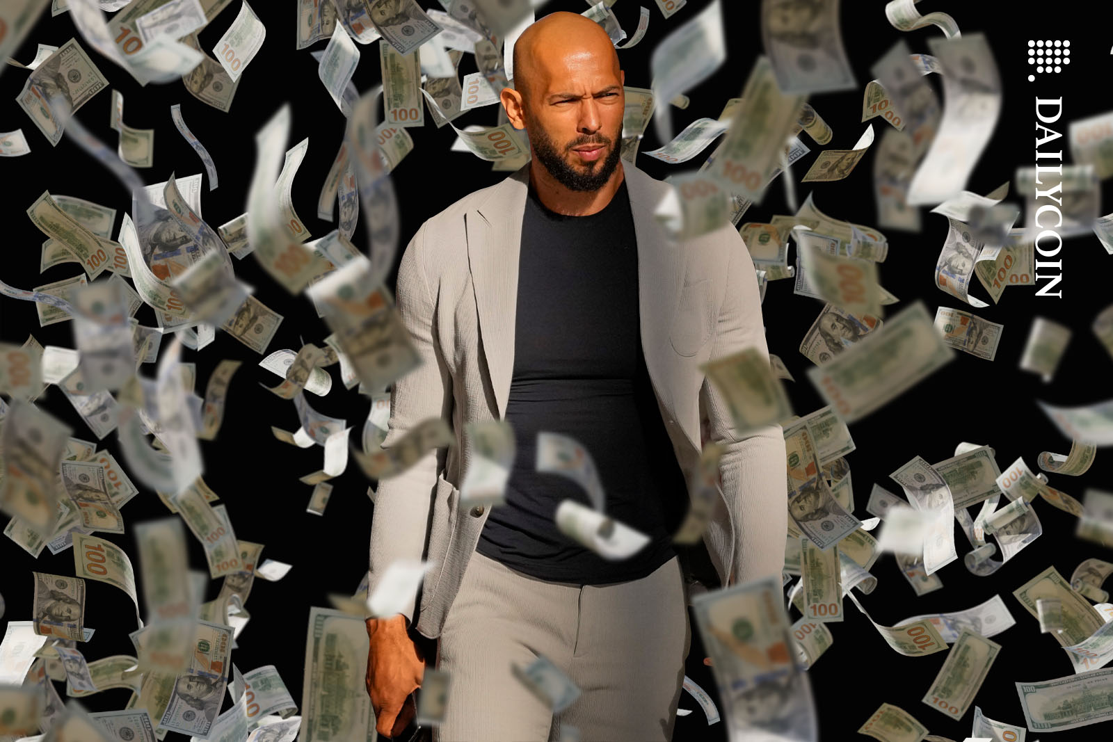 Andrew Tate walking in money rain.
