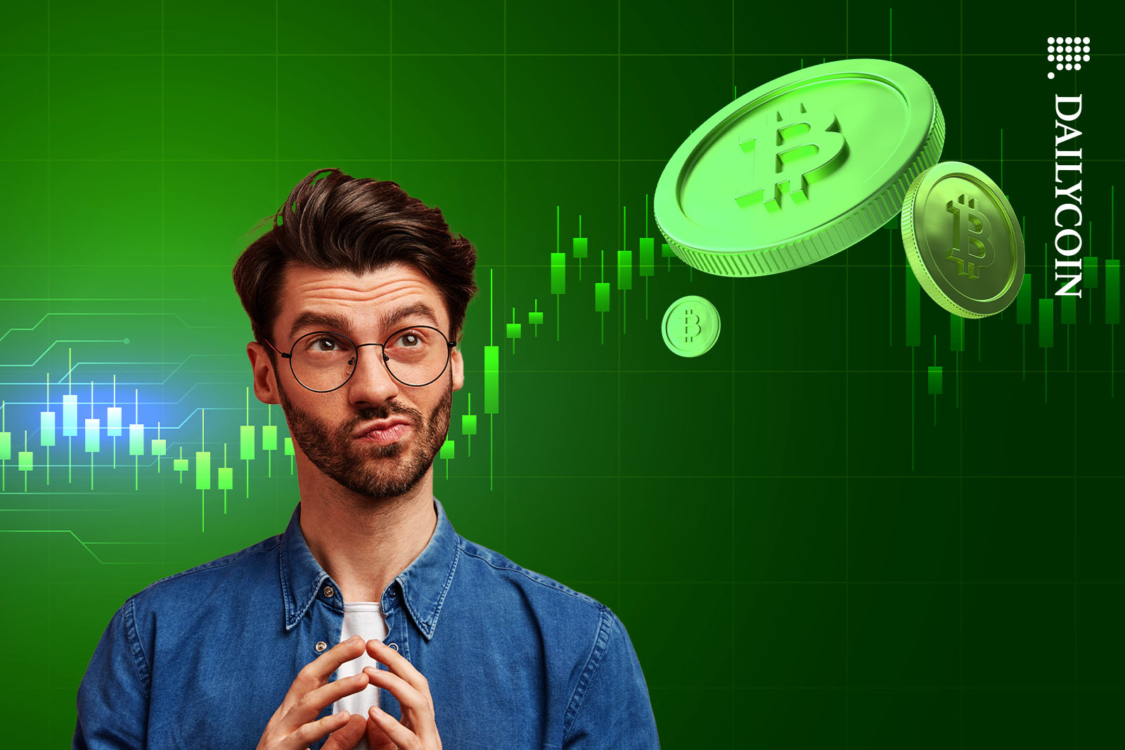 Young man thinking about BitcoinCash infront of a crypto chart.