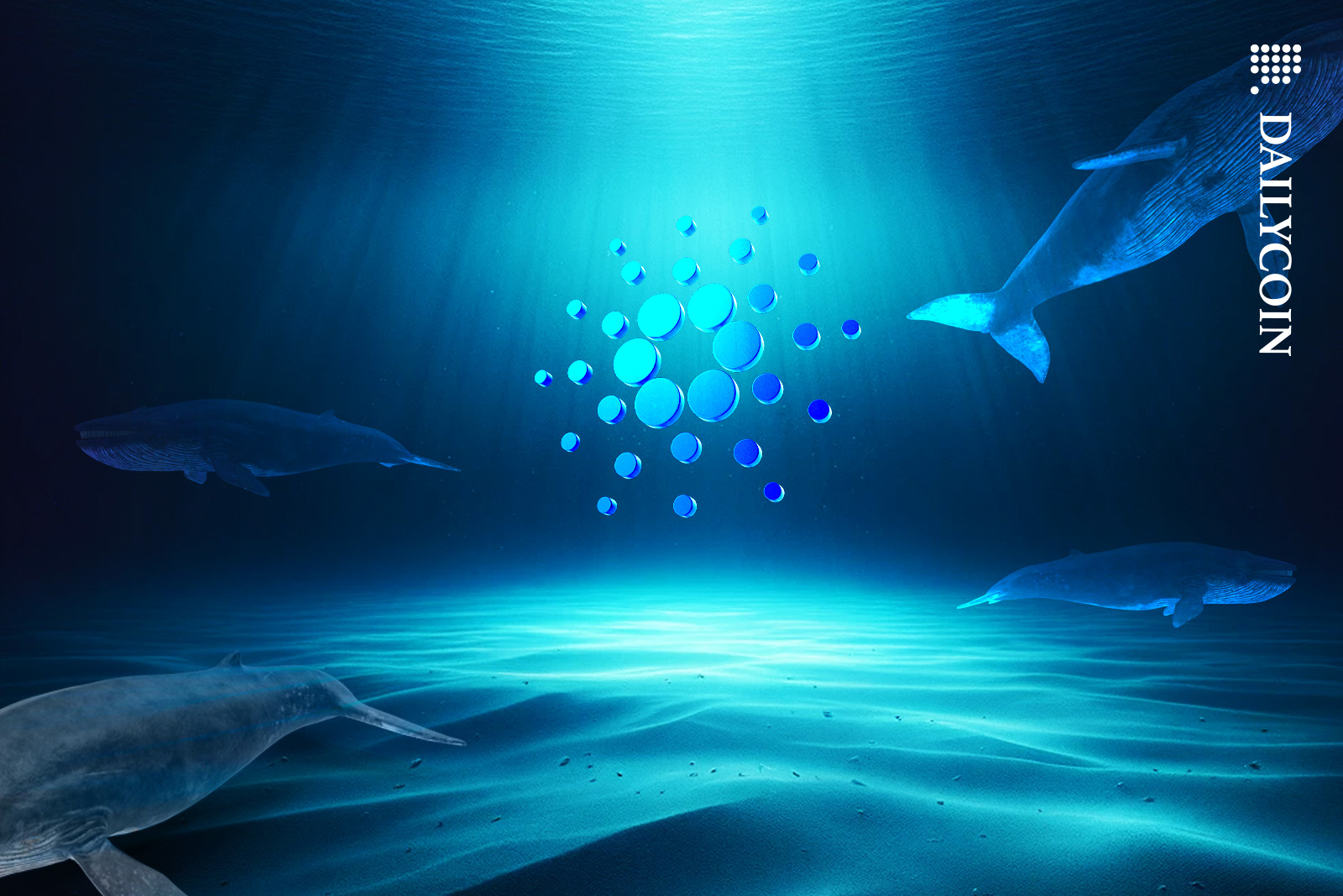 Whales swimming away from a Cardano logo in the open ocean.