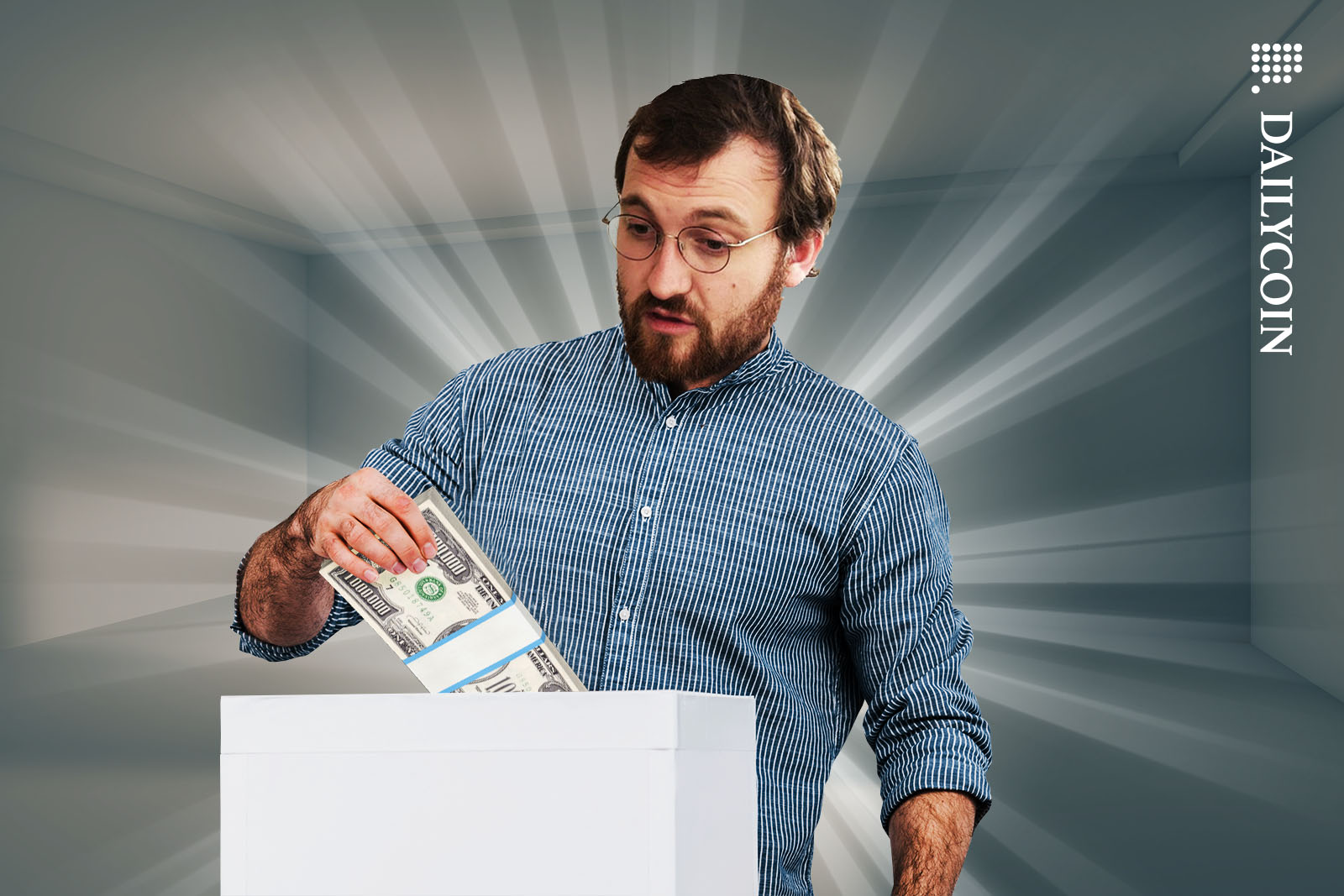 Charles Hoskinson dropping a stack of million dollar bills into a ballot box.