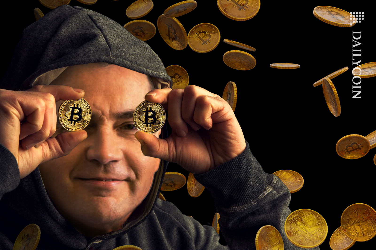 Craig Wright in a hoodie hiding behind bitcoins eyes with bitcoins falling around him.