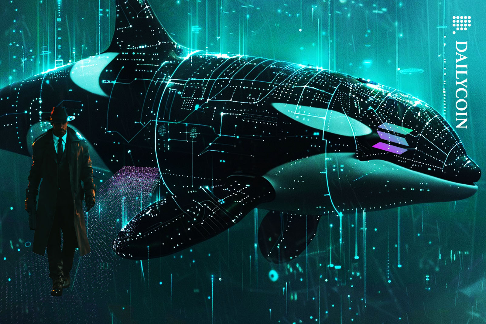 Detective walking away from a Solana whale in a digital environment.