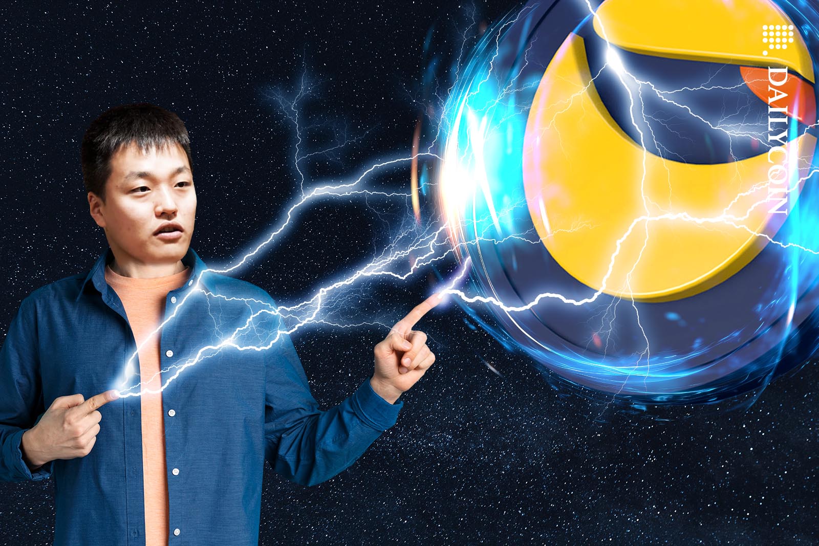 Do Kwon Charging up a big Terra Luna LUNC coin with his fingers.