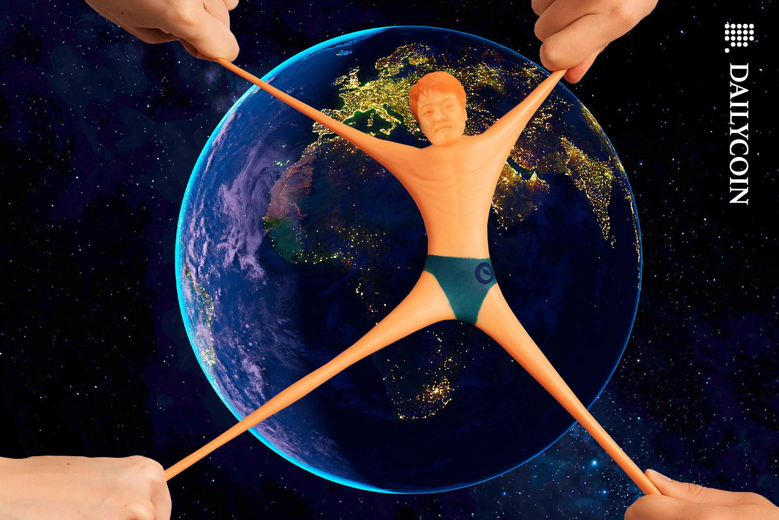 A rubber Do Kwon being pulled in many directions.