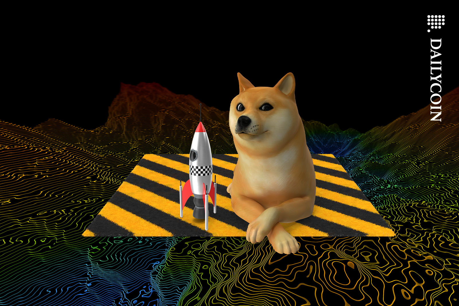 Dogecoin dog laying next a toy rocked on a carpet.