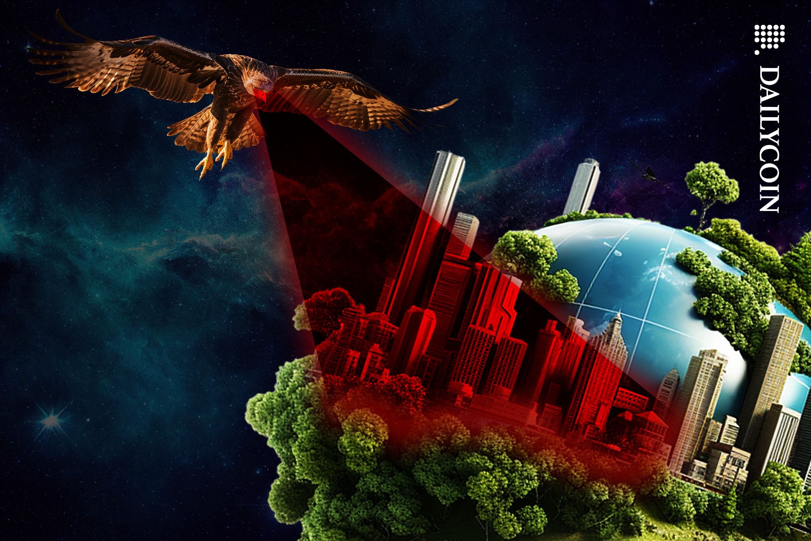 Eagle soars above a planet, scanning the surface of it with its eyes.