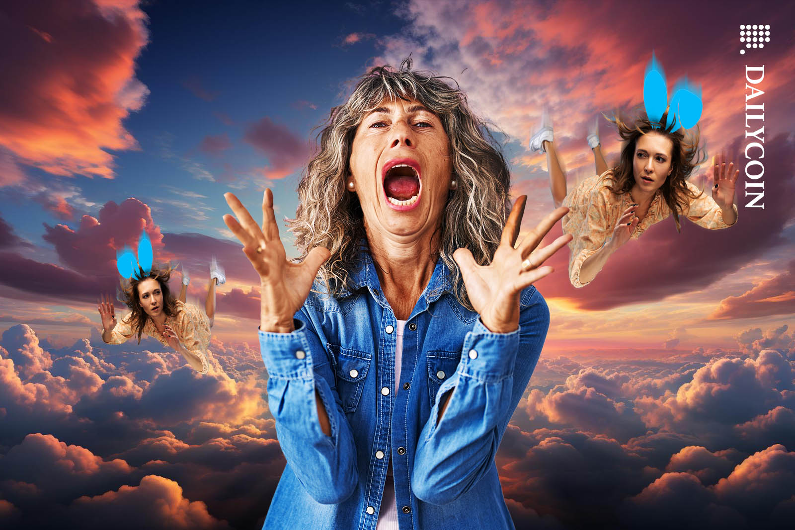 Hysterical woman screaming at the camera out of excitement, as two girls wearing blue bunny ears falling from the sky staring at her.