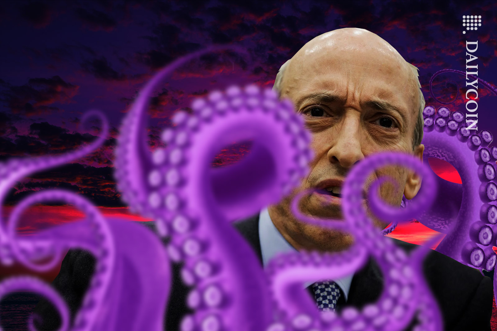 Gary Gensler looking scared as he is entangled in purple tenticles.