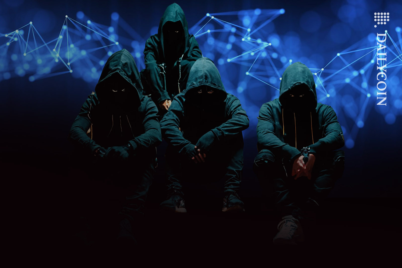 Four scary looking hooded figures sitting on stairs with blockchain graphics behind.
