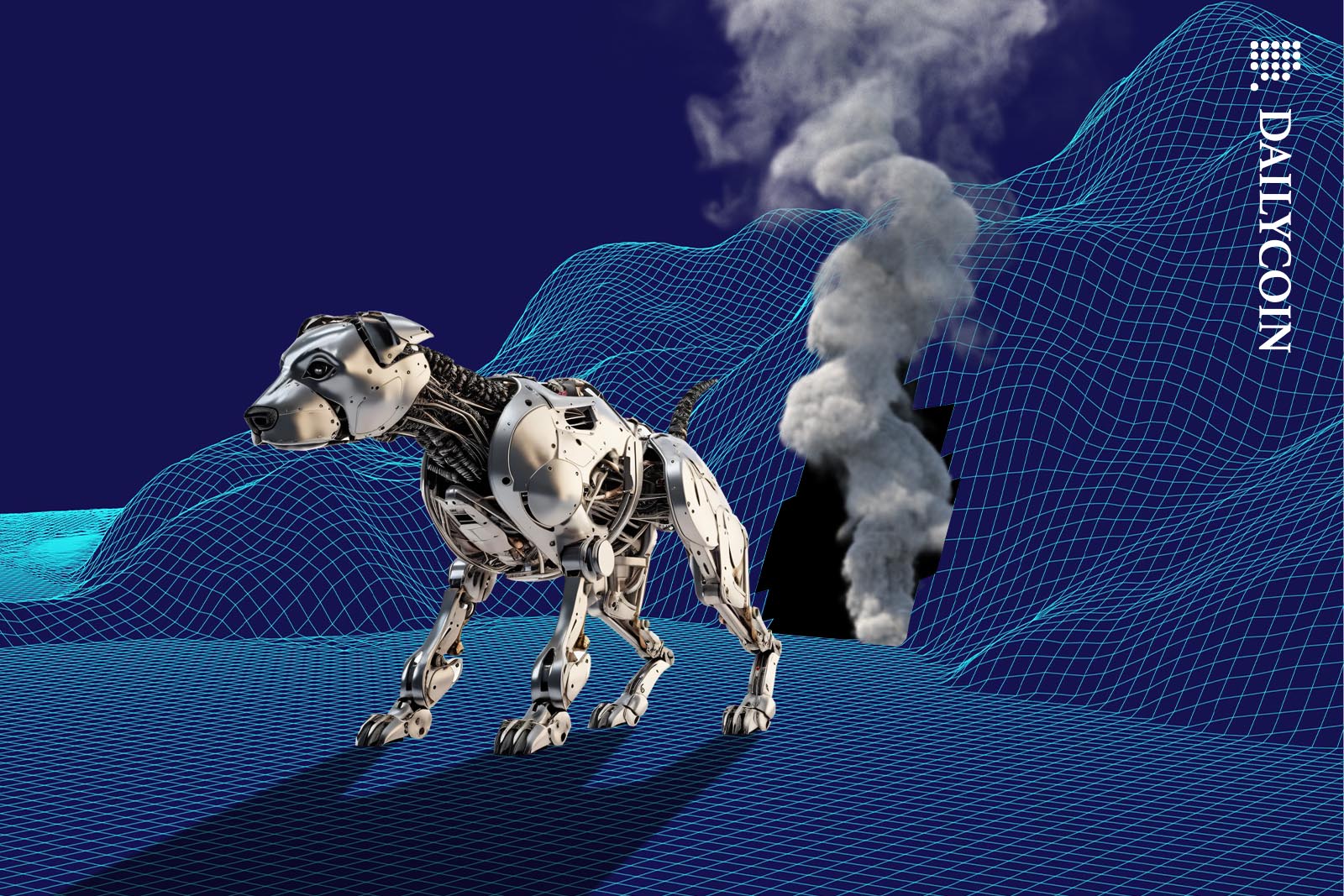 K9 robot in a wireframe digital environment.