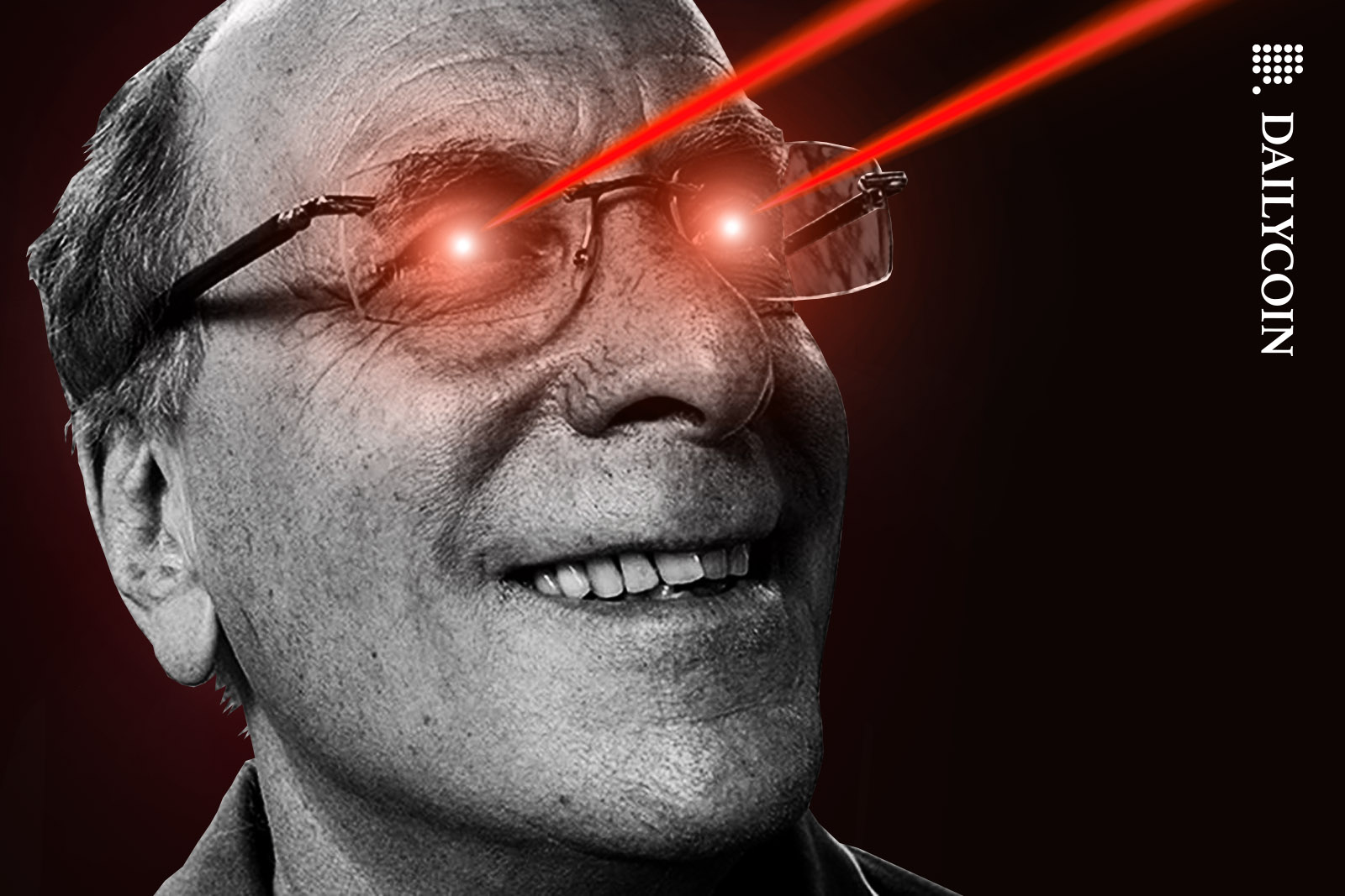Black and white image of Larry Fink with red laser eyes.
