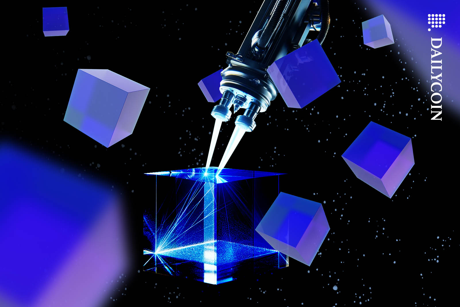 Laser machine creating glass cubes.