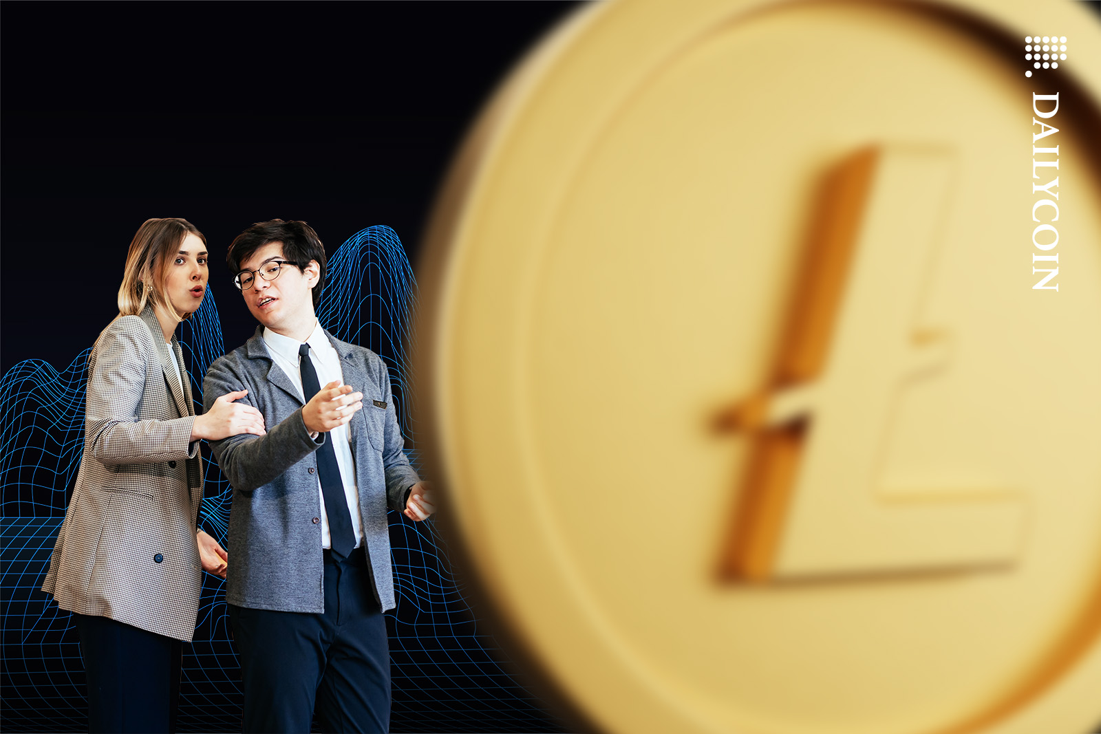 A woman and a man gossiping behing a huge Litecoin.