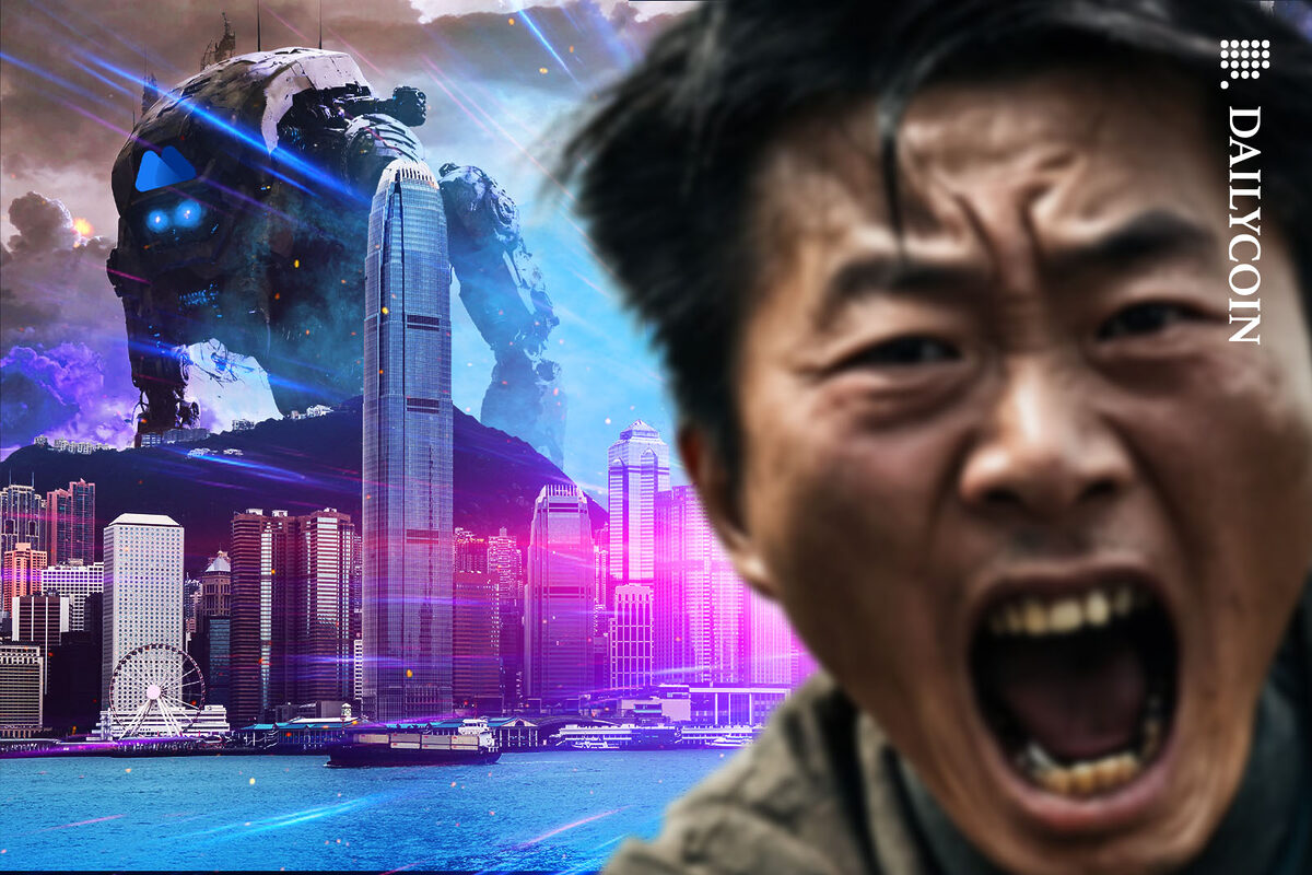 Chinese man scared to death running for his life as a gigantic MEXC robot approaching Hong Kong in the background.