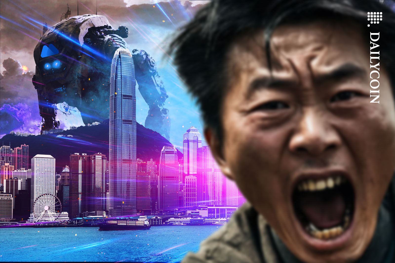 Chinese man scared to death running for his life as a gigantic MEXC robot approaching Hong Kong in the background.