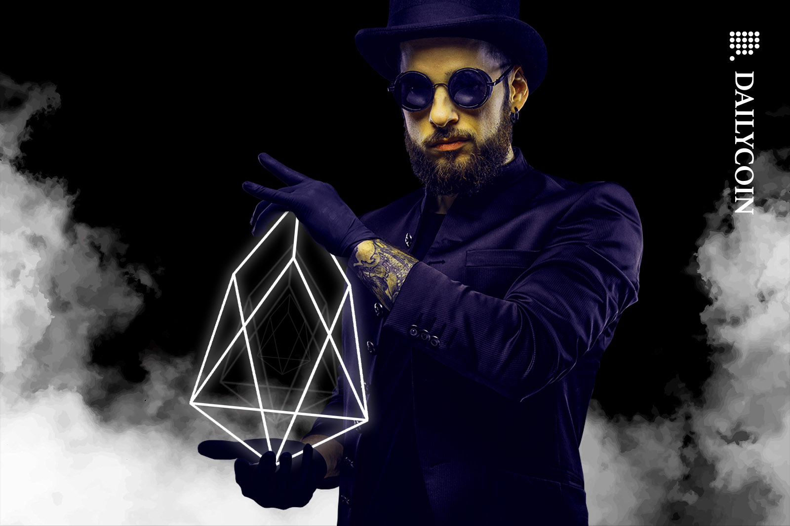 A magician holding a glowing EOS logo.