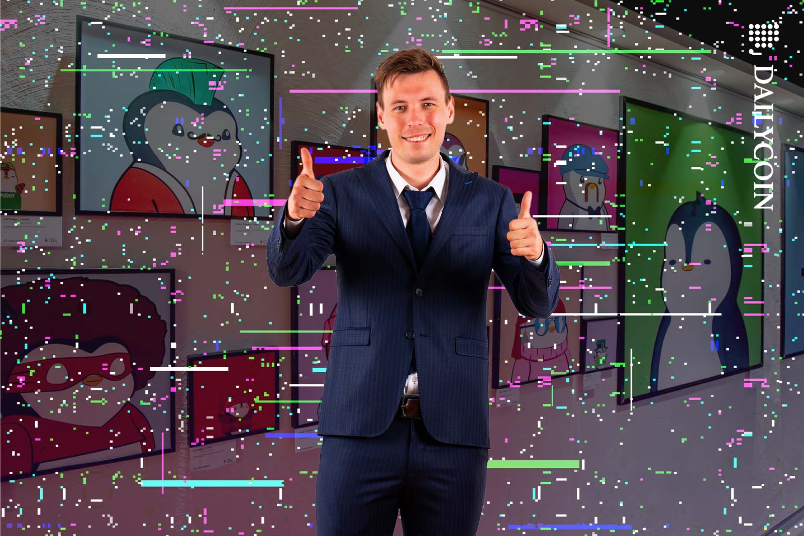 Man in suit gives the thumbs up infront of some framed NFTs.