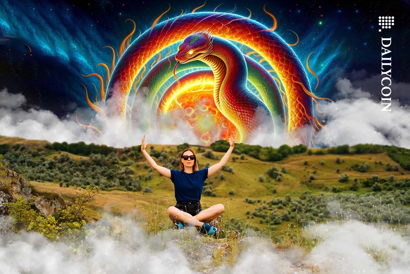 Woman meditating on a hill with Mehet rising behind her.