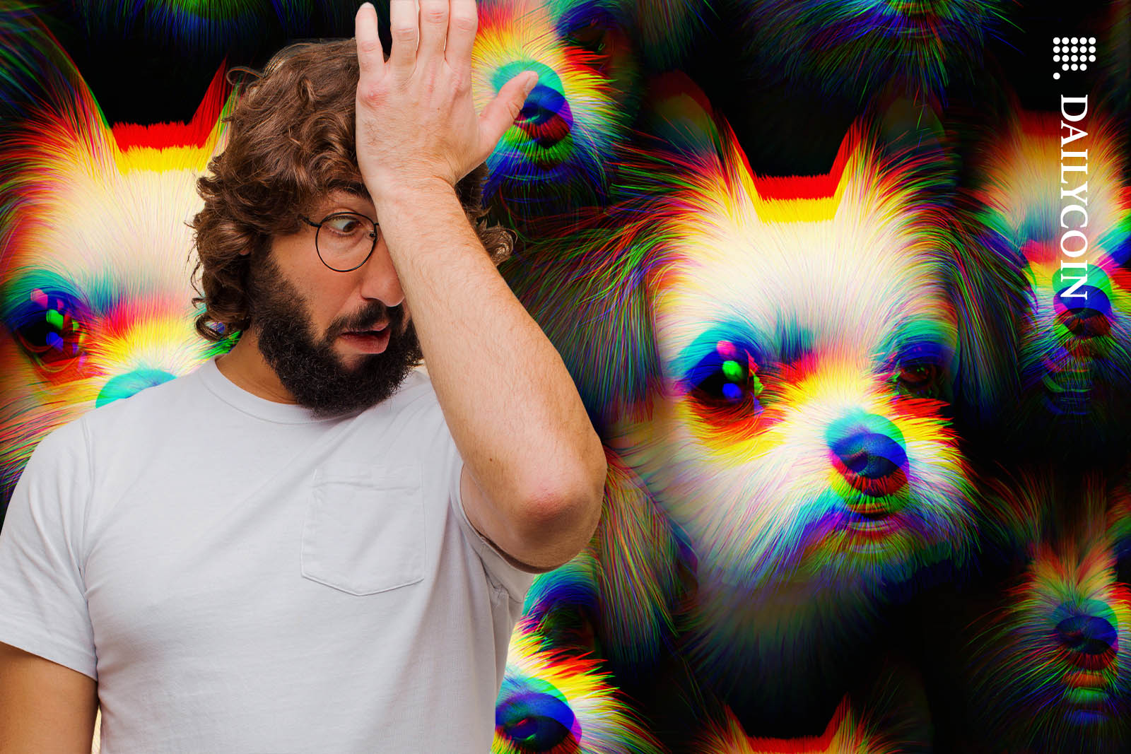 Man loosing his mind infront of a wall covered in small dog faces.