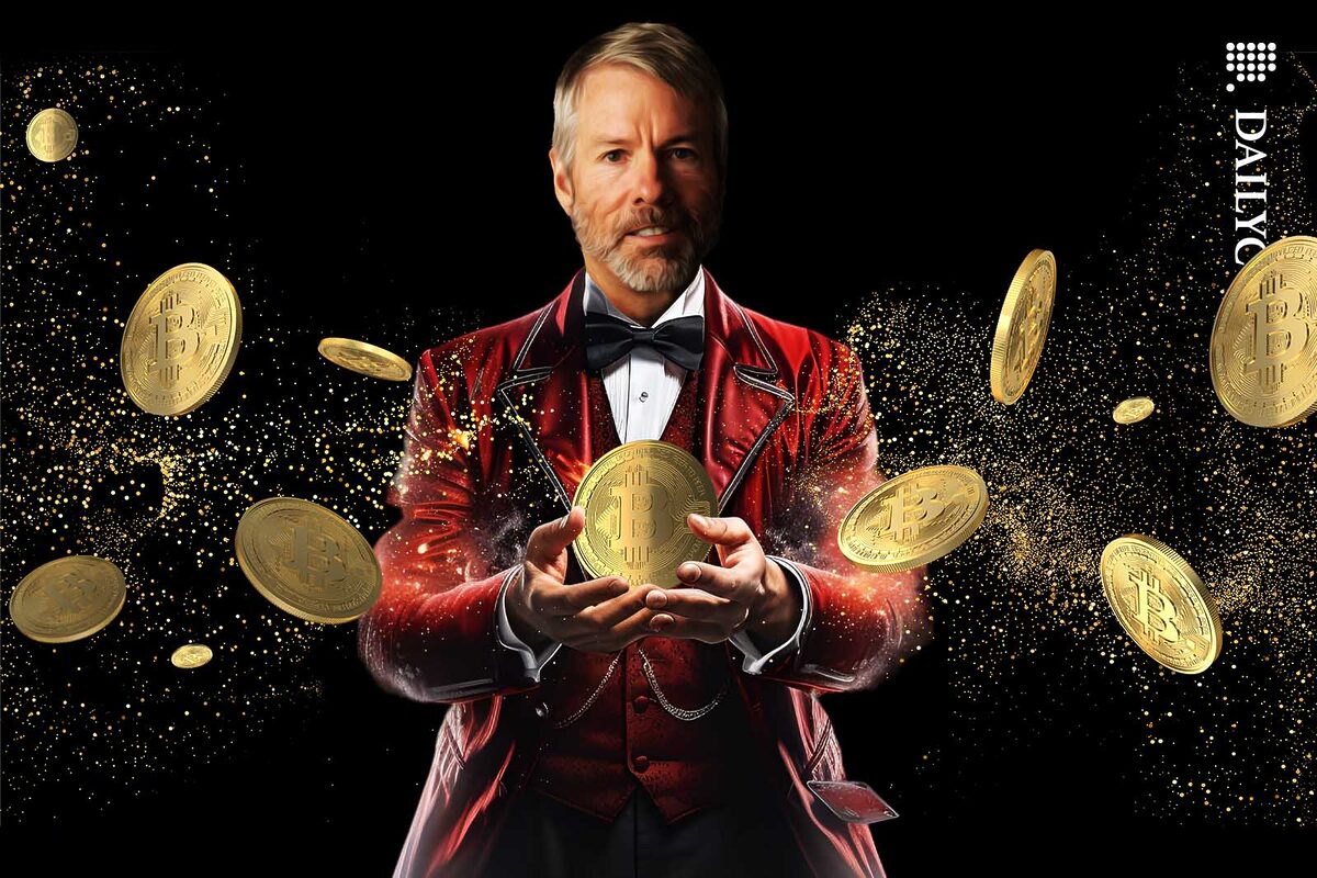 Michael Saylor doing a magic trick with Bitcoins.