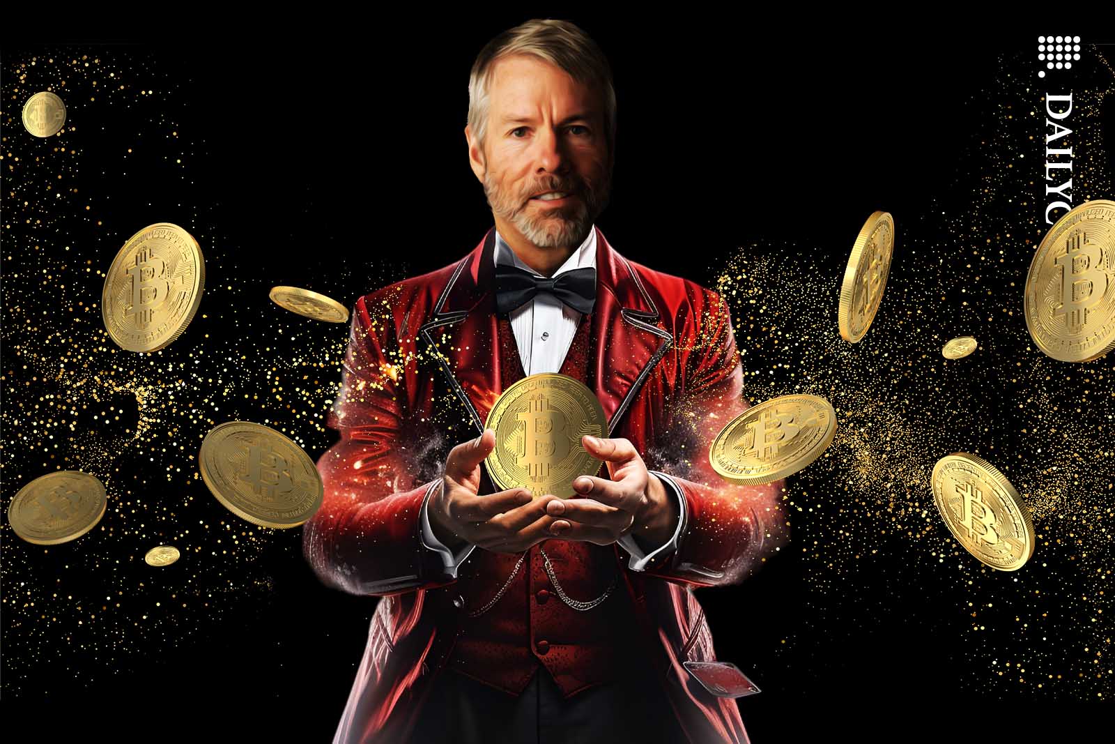 Michael Saylor doing a magic trick with Bitcoins.