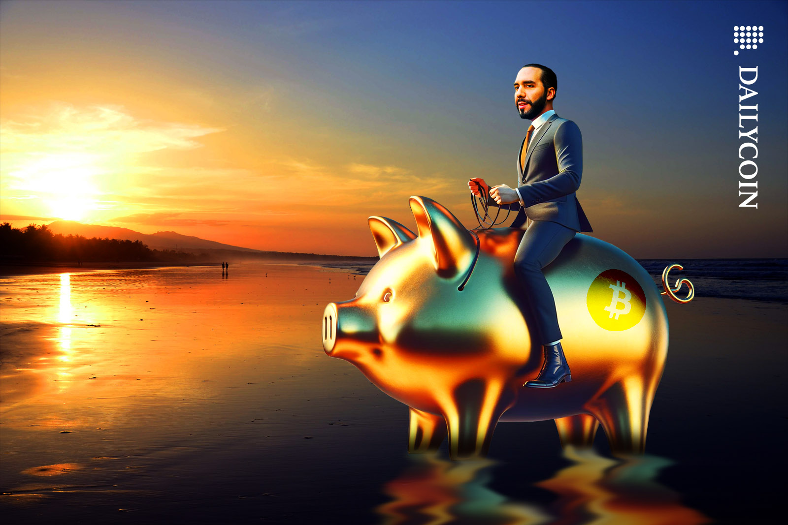 Nayib Bukele riding a golden piggy bank on a tropical beach in the sunset.
