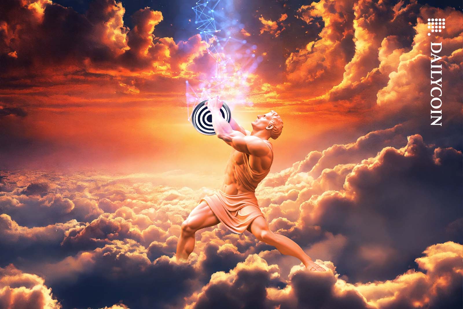 Discus thrower pointing a discus with an ONDO logo towards the sun in the clouds.