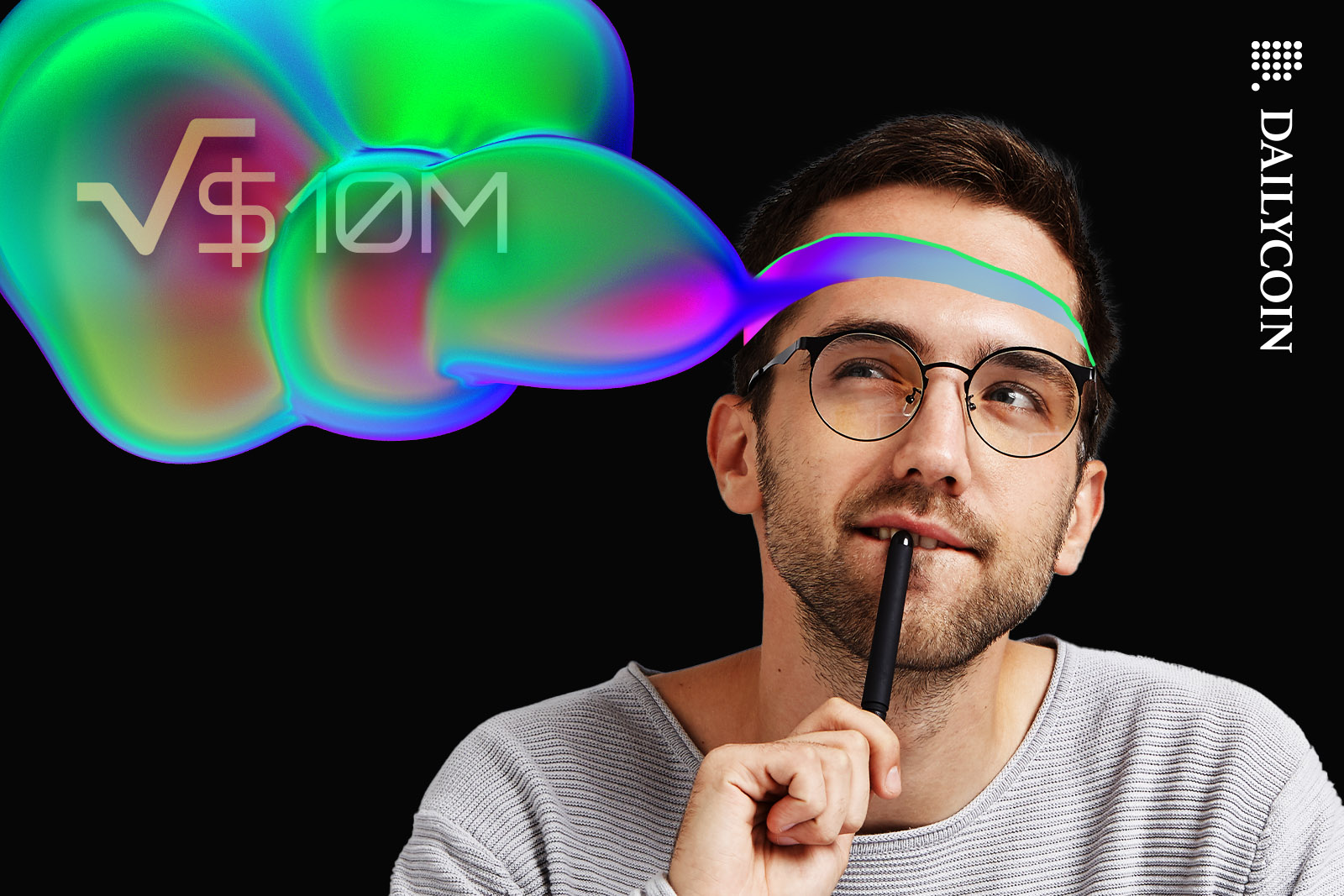 Man with an irridescent thought bubble coming out of his head.