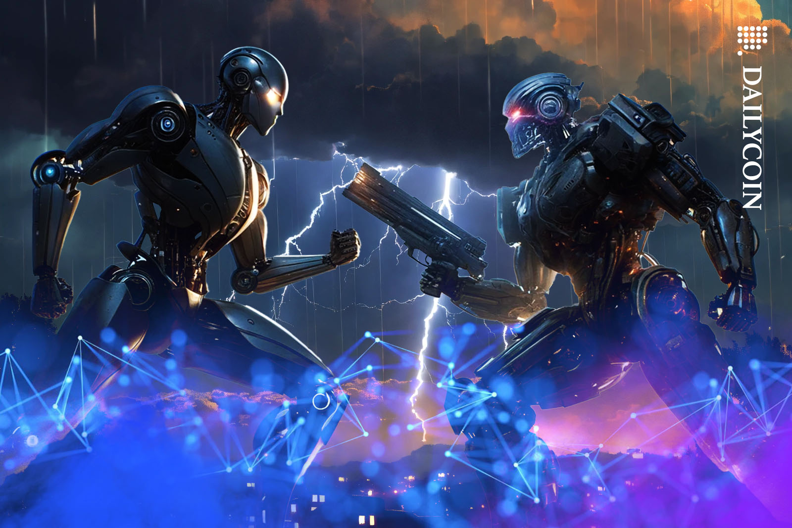 Two robots ready for a fight in a digital storm.