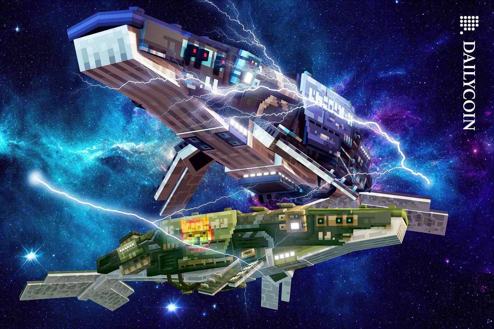 Two pixelated robot whales in space.