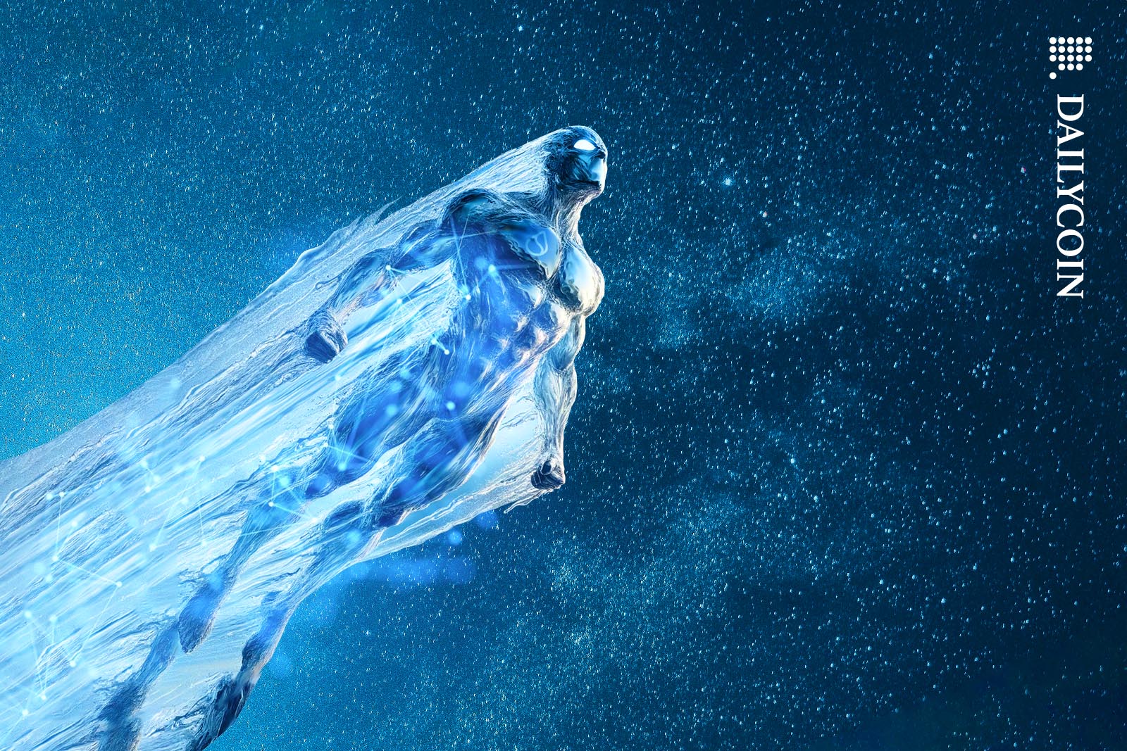 A human figure made out of water flying across the sky.