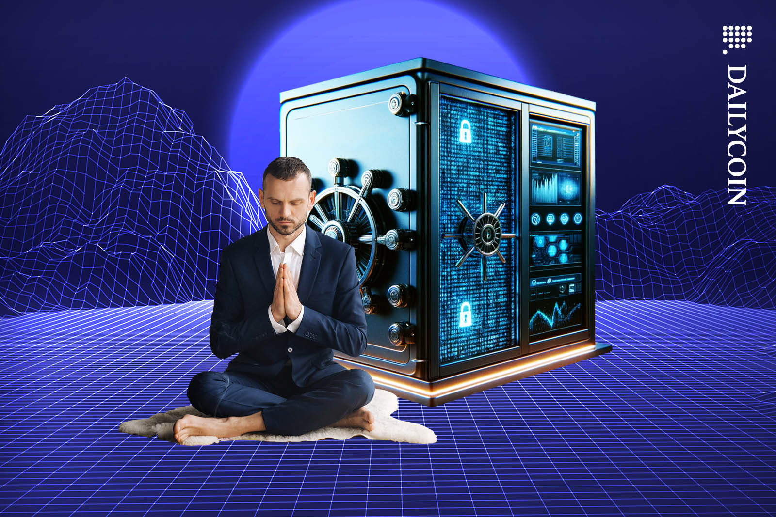 Man meditating peacefuly infront of a super safe.