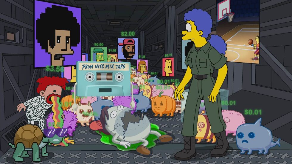 Marge from Simpsons together with crypto nfts.