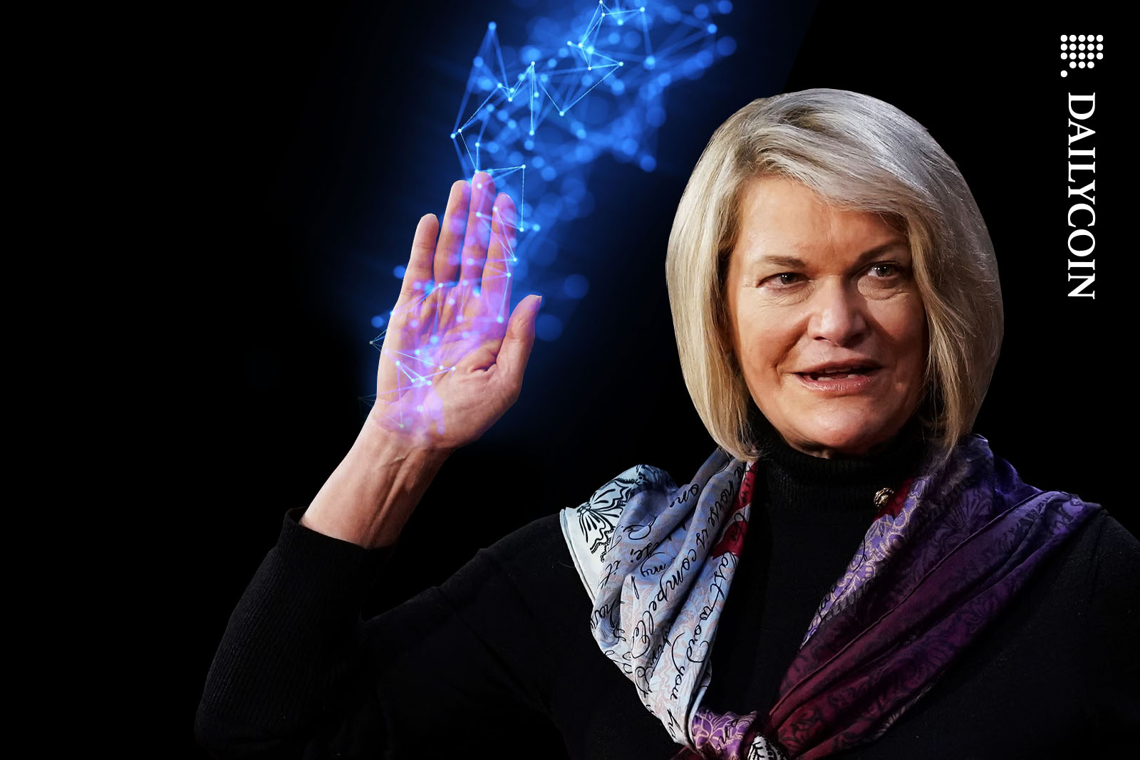 Senator Cynthia Lummis with blockchain coming out of her hand.