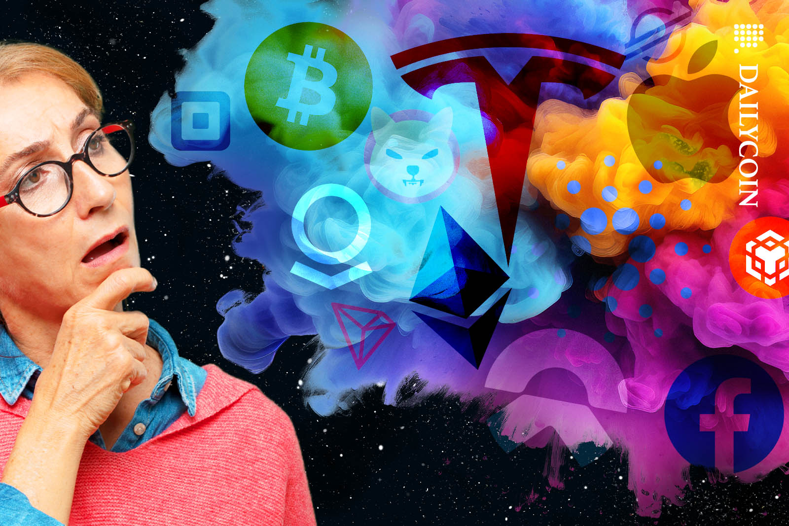 woman looking at a colourful cloud full of crypto currency and stock logos.